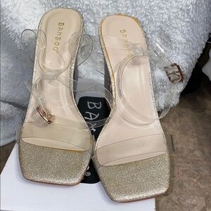 BAMBOO Glittering Gold Heels with Clear Straps